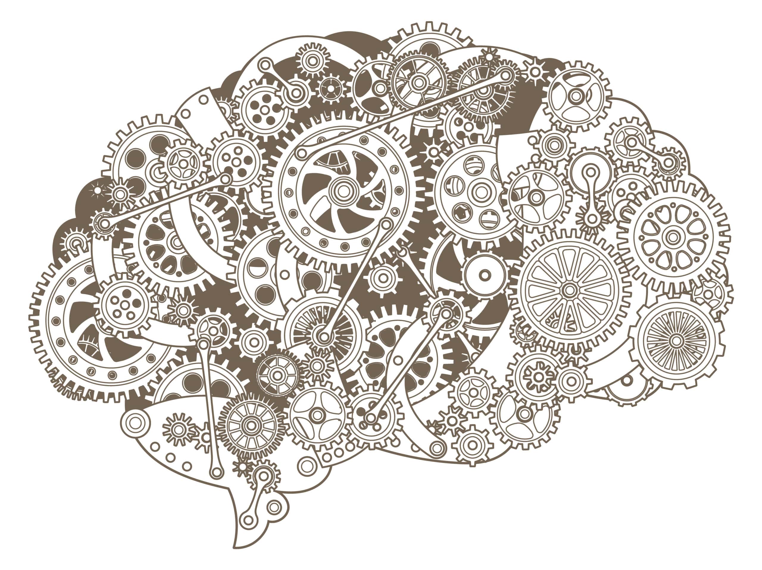 Brain silhouette with retro gears. Creative intellect illustration isolated on white background